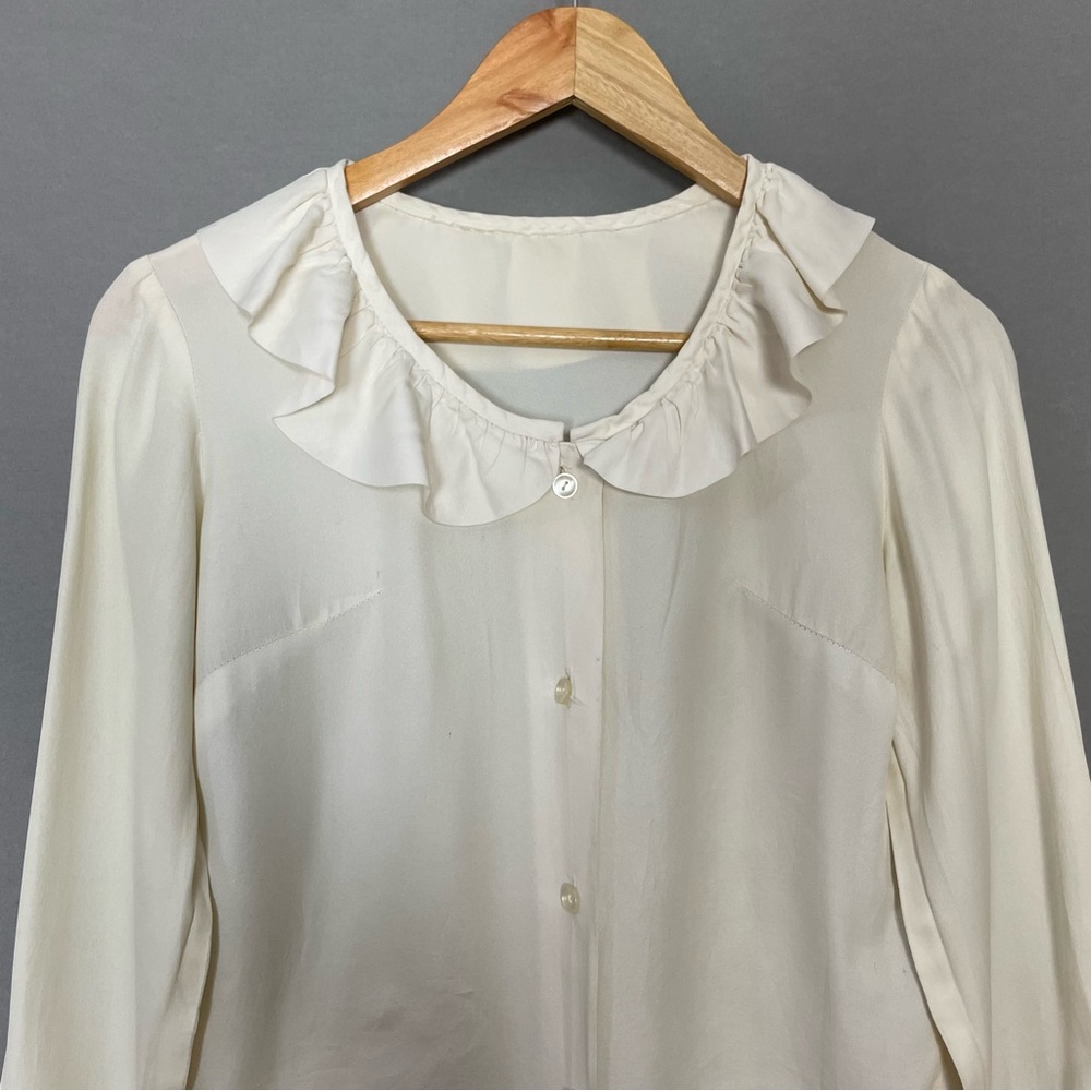 Vintage Blouse Ruffle Neckline Cuffs FLAWS Off-White‎ Cream Button-Up Top Twee - Picture 4 of 13